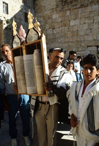 Israel Jerusalem Sephardic Jew Raising The Torah At Barmitzvah Ceremomy