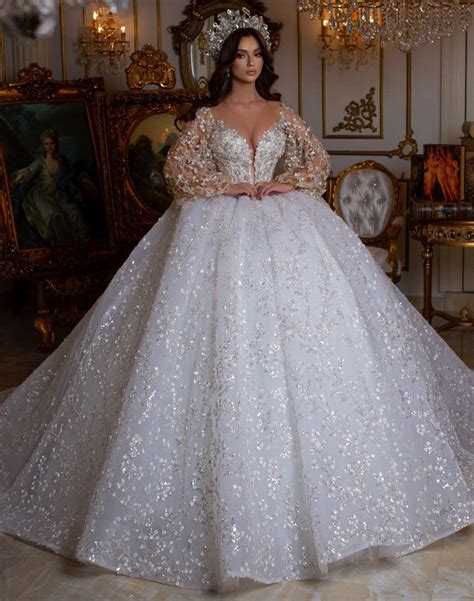 Luxury Ball Gown Illusion Puffy Long Sleeves Wedding Dresses 2023