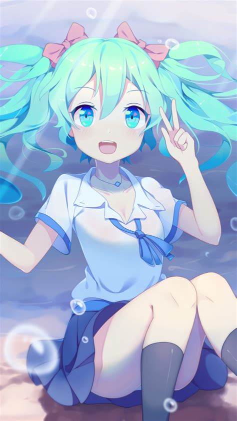 Wallpaper Hatsune Miku Bubbles School Uniform Underwater Vocaloid