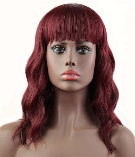 Wine Red Curly Wig With Bangs Short Wavy Wig Natural Wavy Etsy