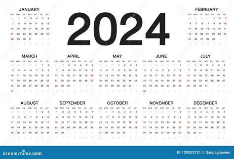 Календарь 2024 начала недели от воскресенья шаблона дела Иллюстрация