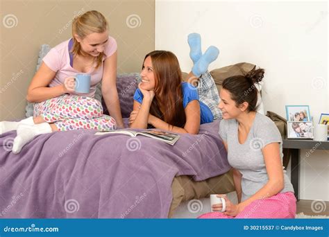 Three Teenage Girls Talking At Pajama Party Stock Image Image Of