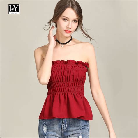 Ly Varey Lin Women Strapless Ruffle Tube Top Solid Color Summer Sexy