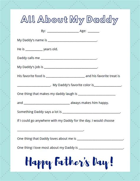 All About My Dad Printable Fathers Day Interview Questions For Kids