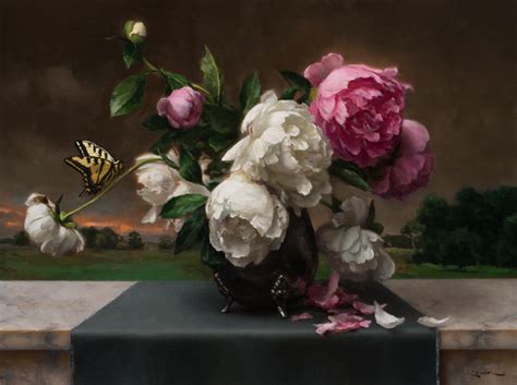 Peonies And Butterfly Steven J Levin Classical Oil Painter