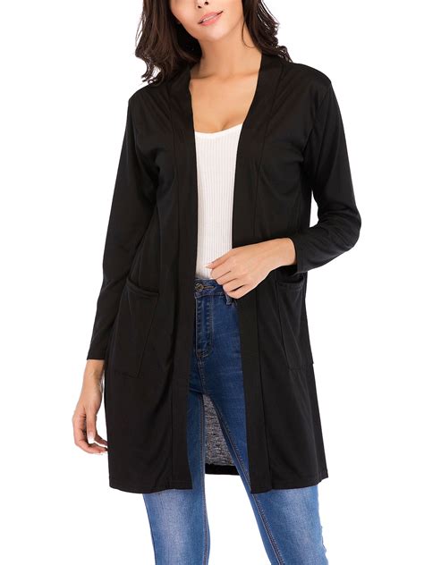 Sayfut Womens Open Front Knitted Cardigan Sweater Black Long Cardigan