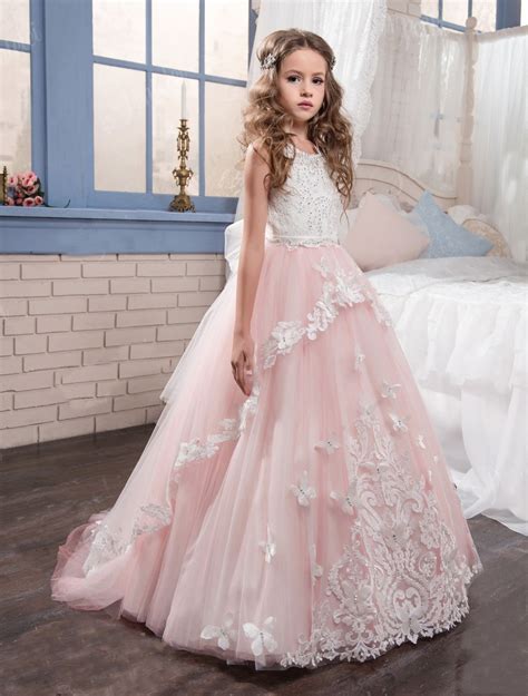 Coral Pink Beaded Flower Girl Dresses For Weddings Puffy