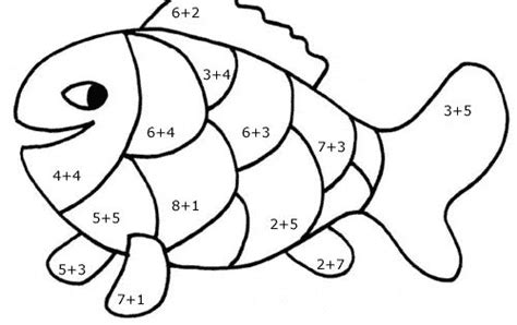 Colorful math - addition facts to 10 - color the fish | Kinder math