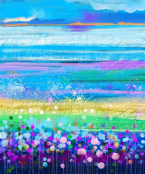 Abstract Colorful Oil Acrylic Painting Of Spring Flower Hand Painted