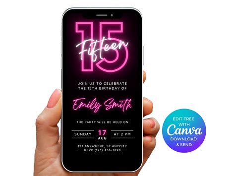 Digital 15th Birthday Invitation In Neon Pink Editable Etsy