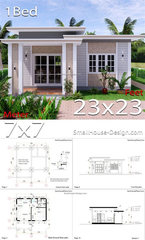Small House Plan 7x7 With 1 Bedroom Flat Roof Cottage Style House