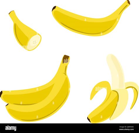 Vector Banana Set In Flat Style Cartoon Illustration Of Single Peeled Fruit And Bunch Of