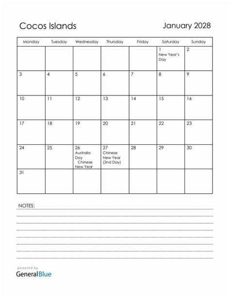January 2028 Cocos Islands Calendar With Holidays