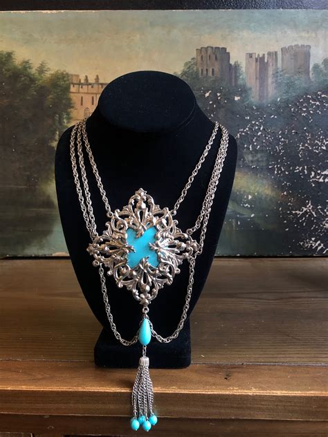 60s Silver Statement Necklace 1960s Vintage Necklace Turquoise Stone
