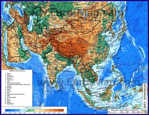 Карта Азии Подробная политическая и физическая карта Азии на русском