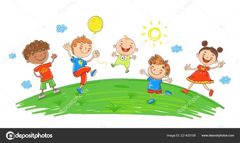 Feliz Dibujos Animados Niños Jugando Saltando Ilustración De Stock De