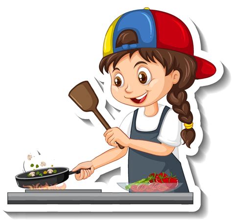Cartoon Character Sticker With Chef Girl Cooking Vector Art At Vecteezy