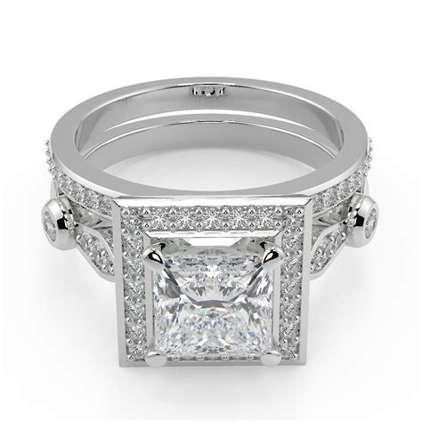 1 5 Ct Princess Cut Halo Pave Set Diamond Engagement Ring Set VS1 F