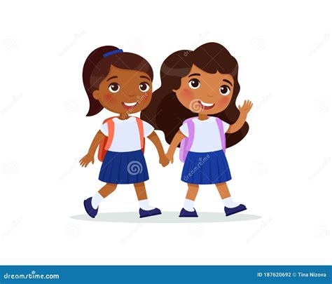 Two Schoolgirls Going To School Flat Vector Illustration Couple Pupils In Uniform Holding Hands