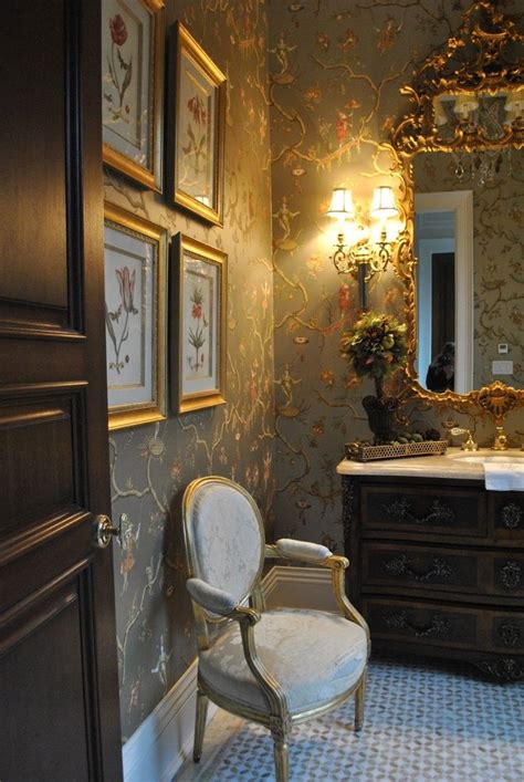 Powder room is a part from the bathroom and usually it is small place with a suitable vanity and bathroom sink with mirror. Very elegant powder room with chinnoiserie wallpaper and ...
