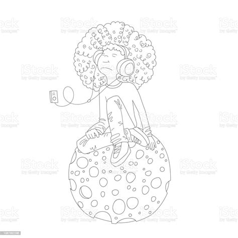 Line Vector Illustration Of Young Redhead Girl With Headphones Sitting On Cartoon Moon And