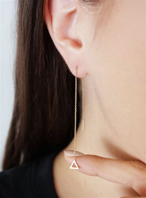 K K Gold Triangle Threader Earrings Solid Gold Threader Etsy