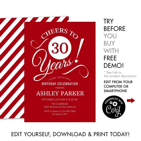 30th Birthday Party Invitation Instant Download Digital Etsy In 2022