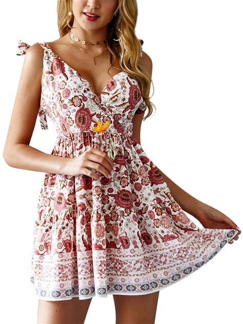 Himone Summer Beach Short Mini Dress For Women Bohemian Floral Print Dress Chiffon Sleeveless