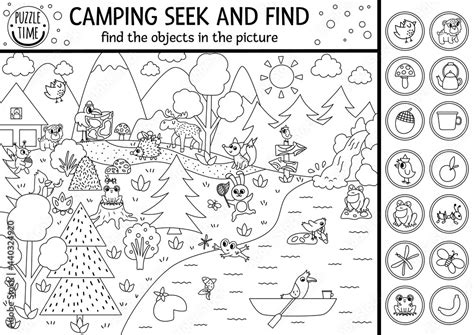 Vector Black And White Camping Searching Game Or Coloring Page With