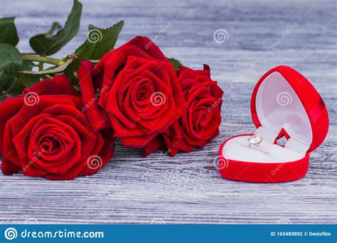Diamond Ring In Heart Shaped Box With Flowers Stock Photo Image Of