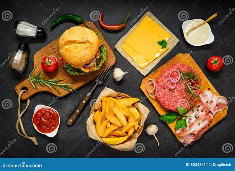 Fast Food Cooking Ingredients With Burger Sandwich Stock Image Image