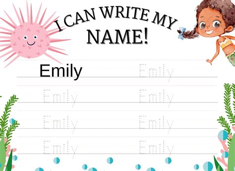 Emily Printable Name Tracing Practice Sheet Mermaid Themed Etsy