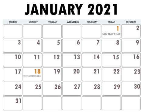 Free Printable January Holidays 2021 Calendar Template