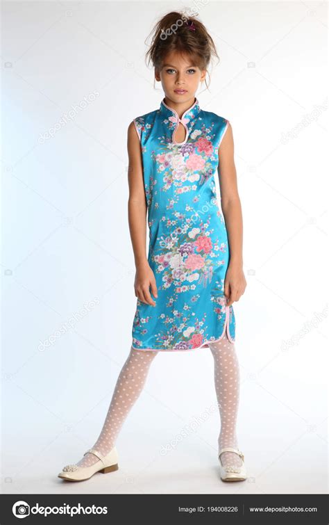 Beautiful Girl Asian Blue Dress Standing White Background Elegant