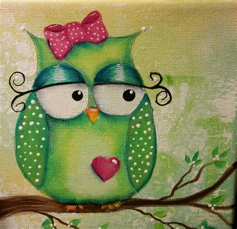 Acrylic On 6x6 Canvas Owl Painting Owl Painting Acrylic Whimsical