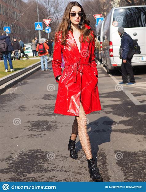 milan italy 21 february 2019 fashion bloggers street style outfit editorial stock image