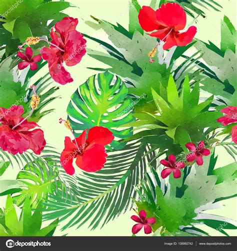 Seamless Pattern With Tropical Flowers In Watercolor Style Stock