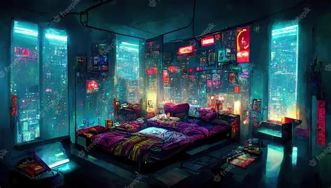 Premium Ai Image Cosy Cyberpunk Futuristic Bedroom Concept Art