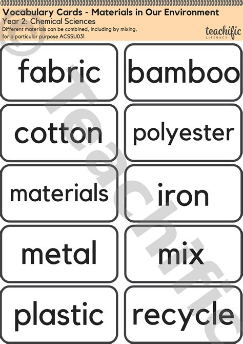 Science Vocabulary Cards Yr 2 Chemical Sciences Materials In Our