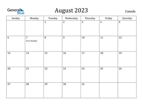 August 2023 Calendar With Canada Holidays