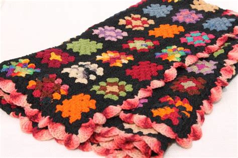 Vintage Crocheted Wool Afghan Blanket Black W Bright Colors Granny Squares Crochet
