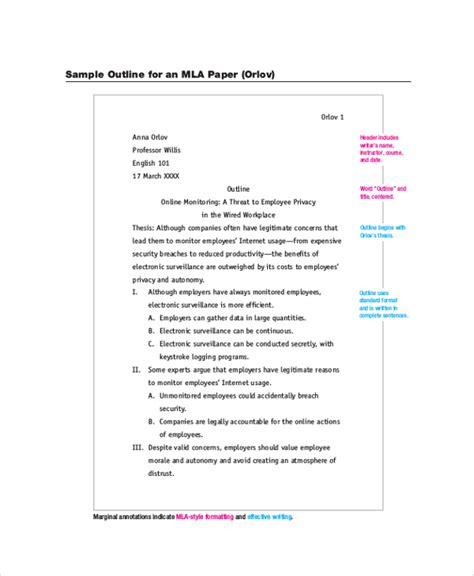 Free 6 Sample Mla Outline Templates In Pdf Ms Word
