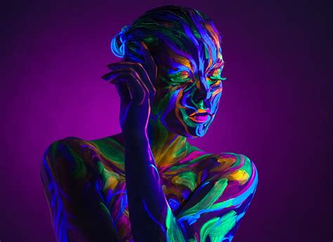 Hd Wallpaper Multicolored Body Paint Women Neon Purple Background
