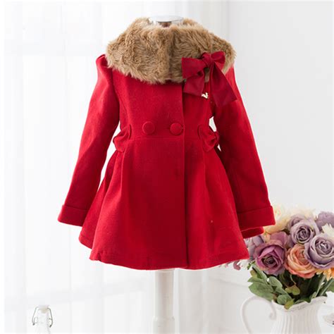 Wool Coat Girls Red Winter Fur Coats Cashmere Wool Dress Coat Toddler
