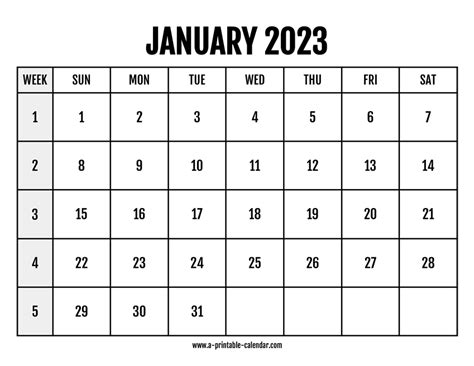 Calendar 2023 January A Printable Calendar