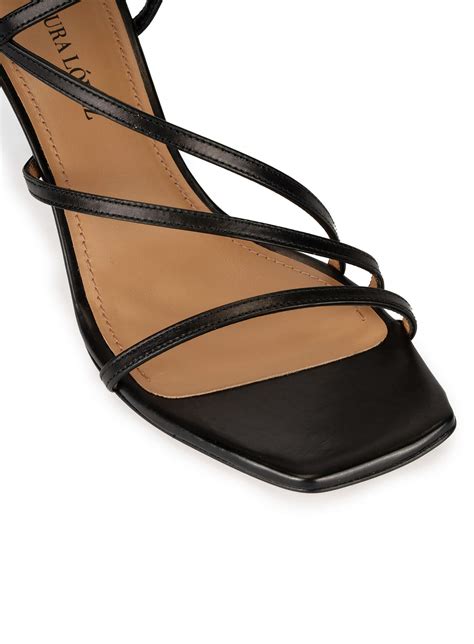 Strappy Mid Heel Sandals In Black Leather Pura Lopez