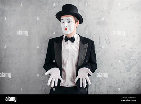 Funny Male Mime Artist With Makeup In Gloves And Hat April Fools Day