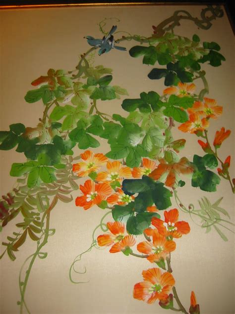 Botanical Japanese Silk Painting Flowers And Bird Calligraphy Signature