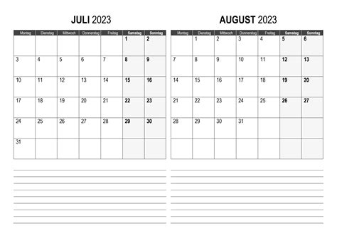 Kalender Juli August 2023 Kalendersu