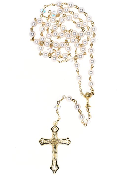 White Pearlized Rosary Made With Swarovski Crystals Gold Shop